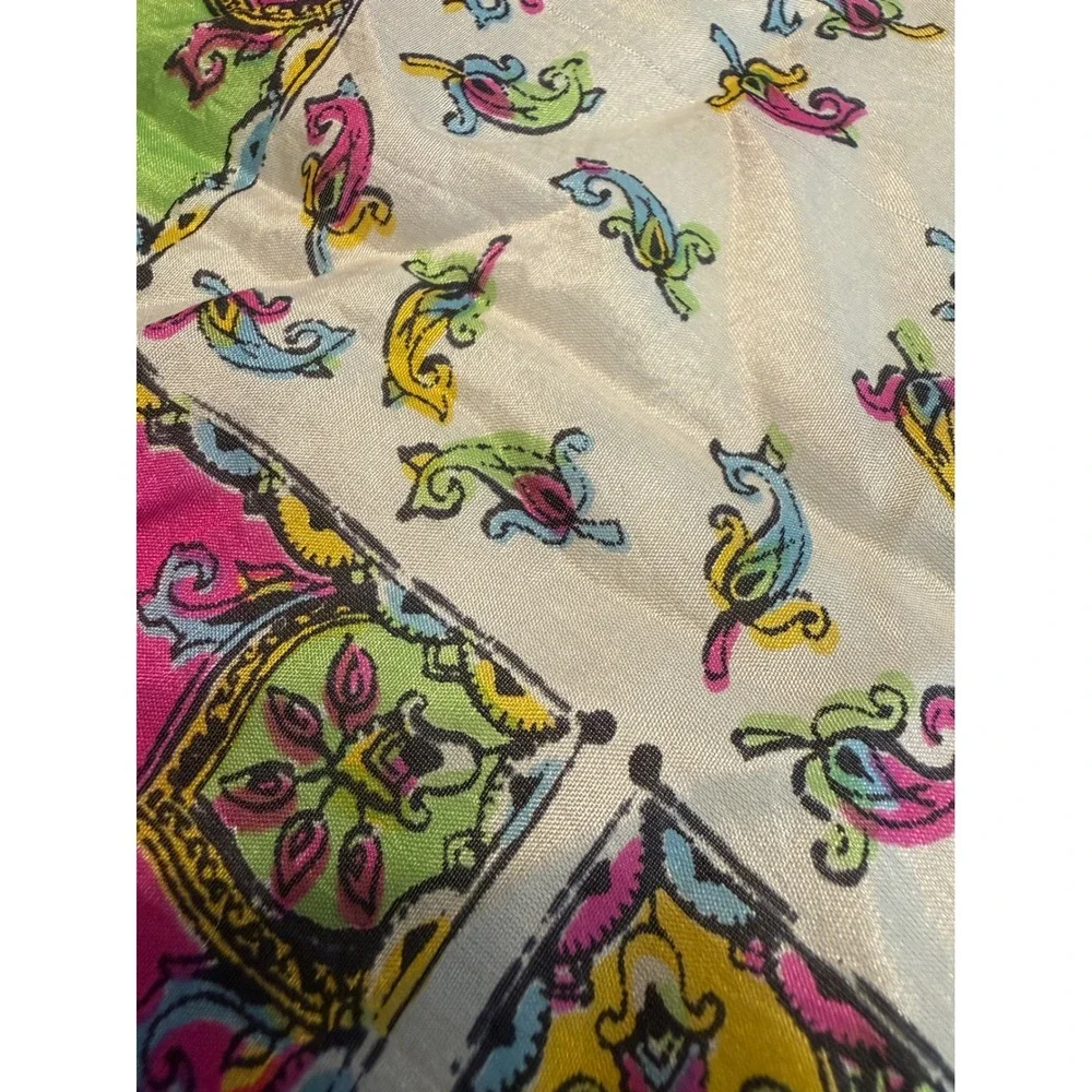 Vintage Paisley Geometric Silk Scarf Pocket Square Multicolor Retro Boho 17x16